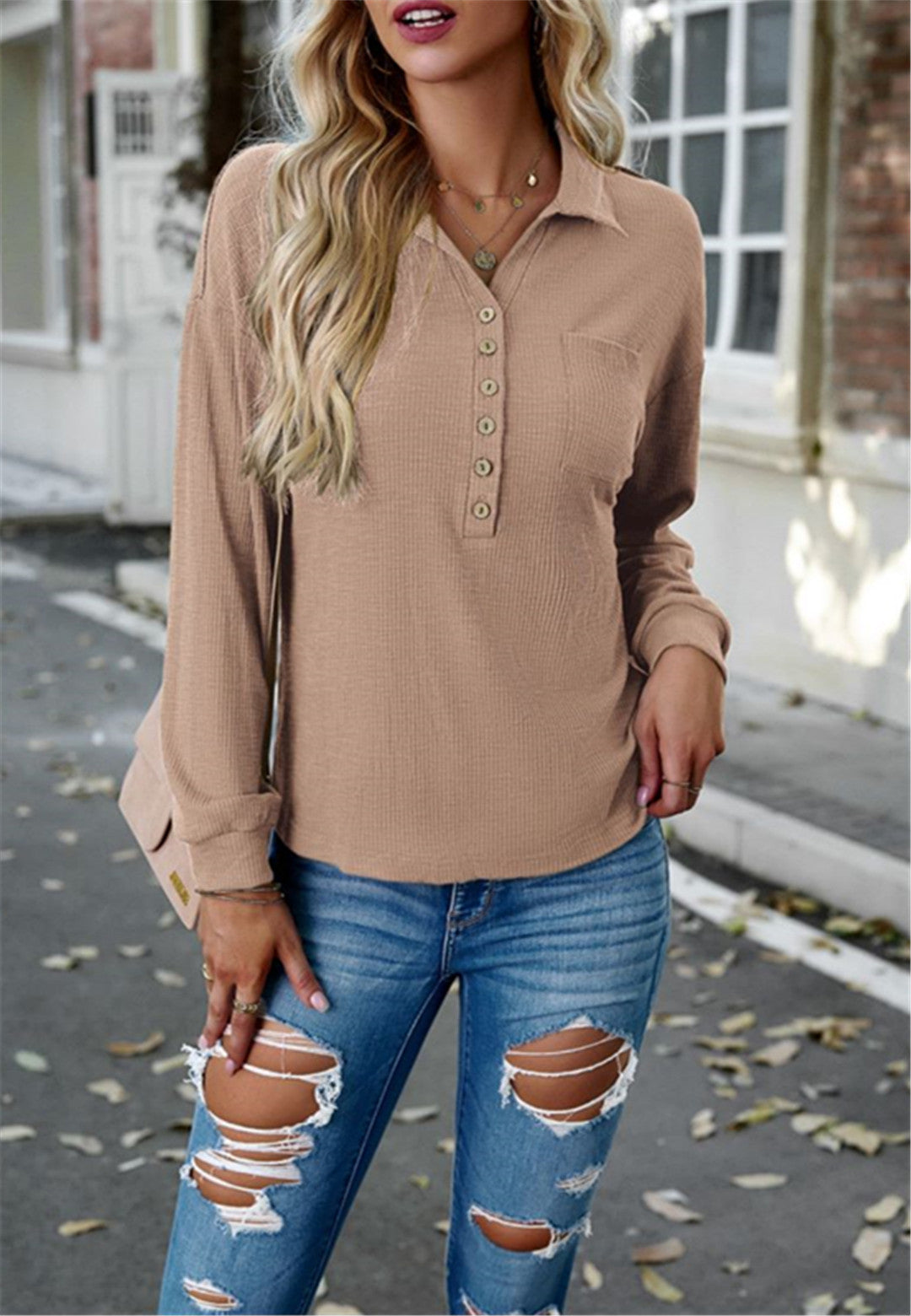 Ribbed Knit Collared Henley Shirt