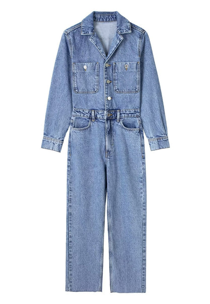 Button Front Collared Denim Jumpsuit