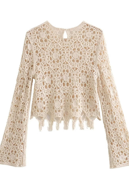 Tassel Hem Crochet Detail Top