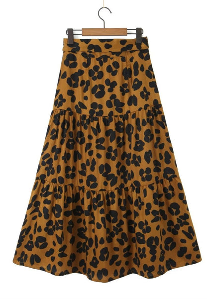Leopard Print Tiered Midi Skirt