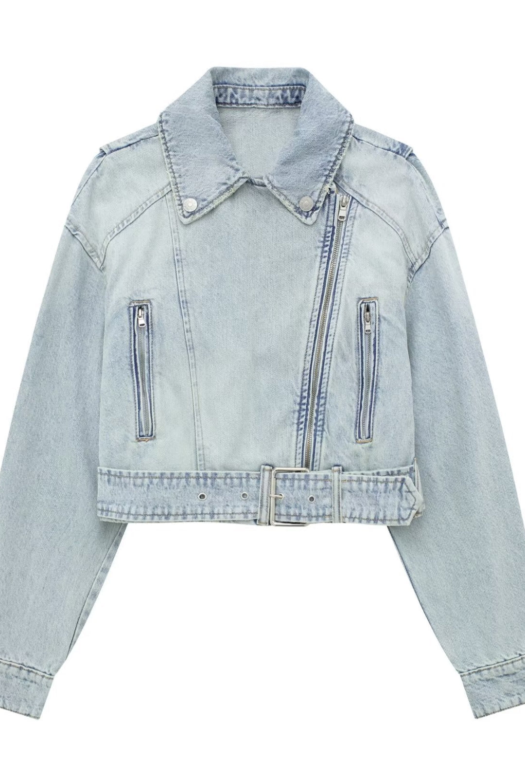 Button Collar Denim Moto Jacket