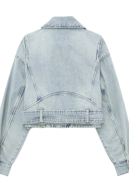 Button Collar Denim Moto Jacket