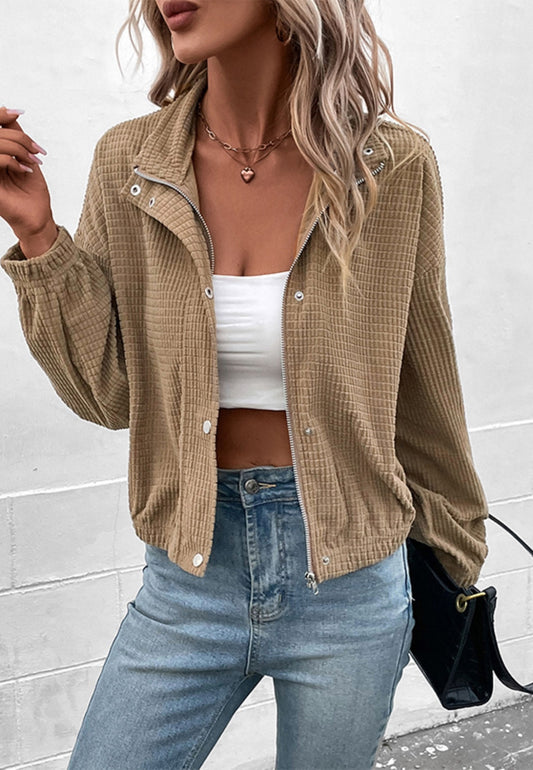 Waffle Neck Zip-Up Button Jacket
