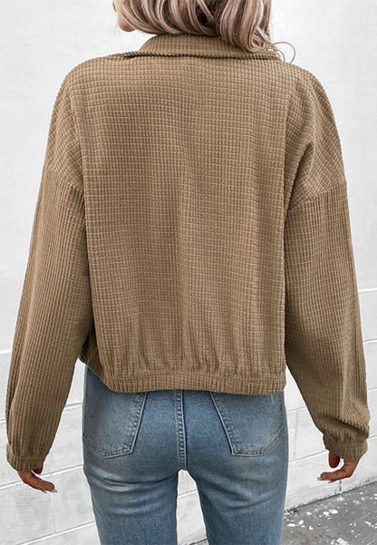 Waffle Neck Zip-Up Button Jacket