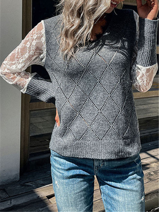 Argyle Knit Lace Sleeve Sweater