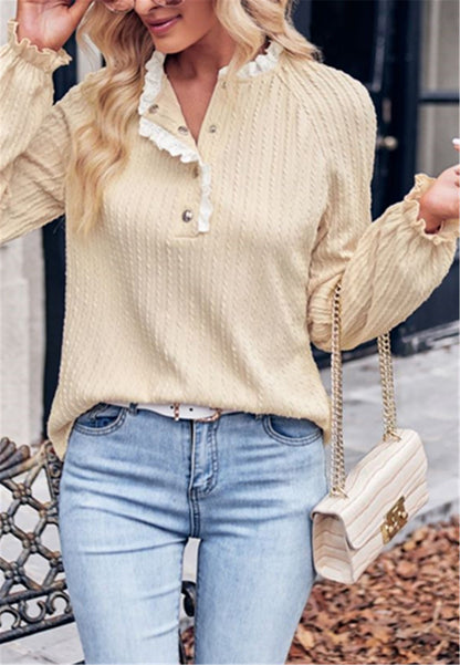 Ruffle Trim Henley Button Sweater