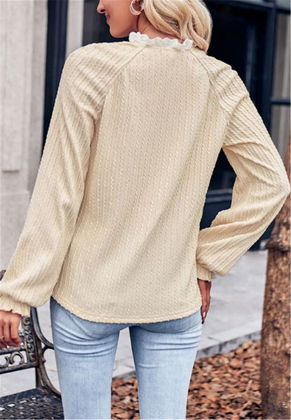 Ruffle Trim Henley Button Sweater