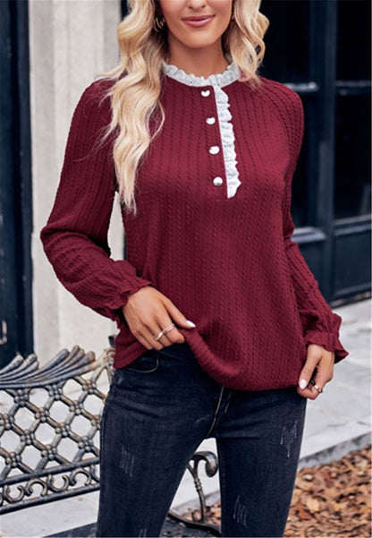 Ruffle Trim Henley Button Sweater