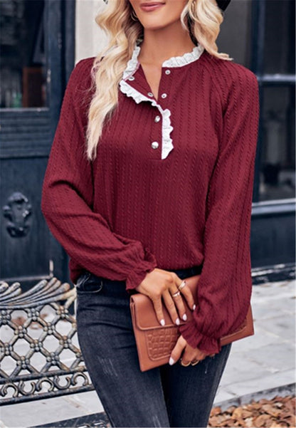 Ruffle Trim Henley Button Sweater