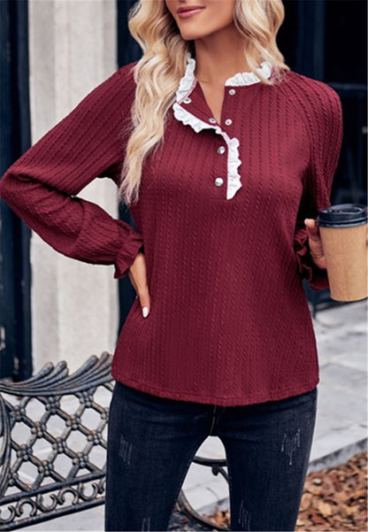 Ruffle Trim Henley Button Sweater