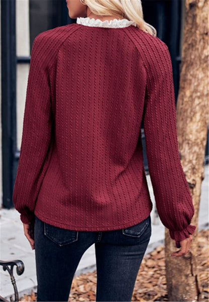 Ruffle Trim Henley Button Sweater