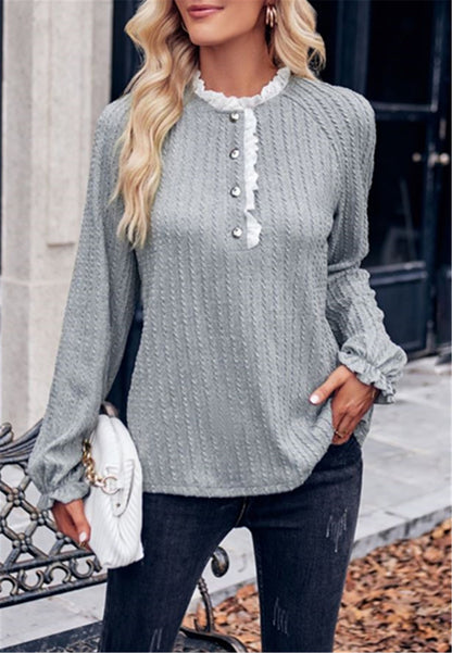Ruffle Trim Henley Button Sweater