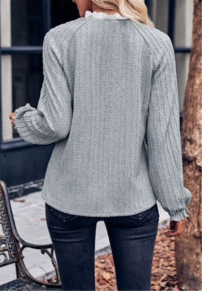 Ruffle Trim Henley Button Sweater