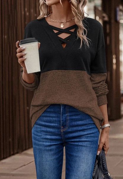 Cross Front Color Block Sweater