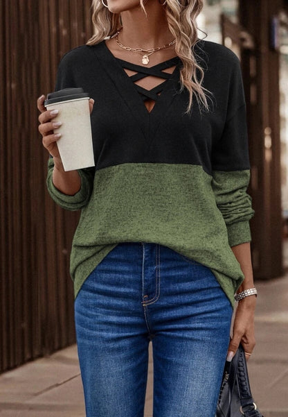 Cross Front Color Block Sweater