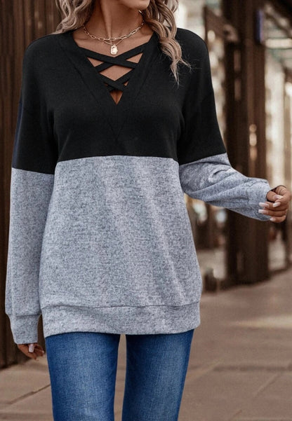 Cross Front Color Block Sweater