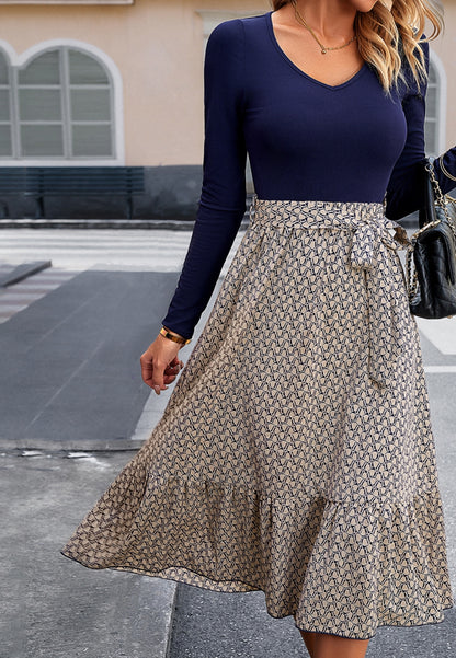 Geometric Print Belted Waist Dress