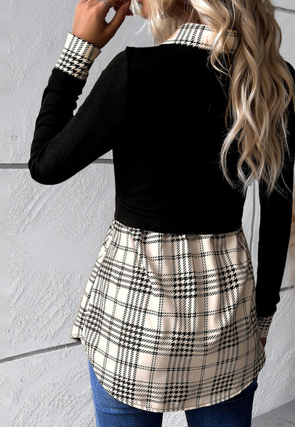 Plaid Line Print Collared Top