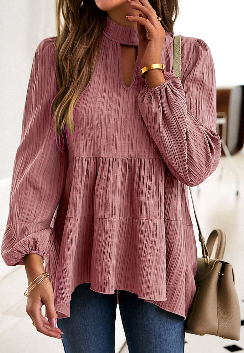 Solid Color Turtle Neck Front Cutout Top