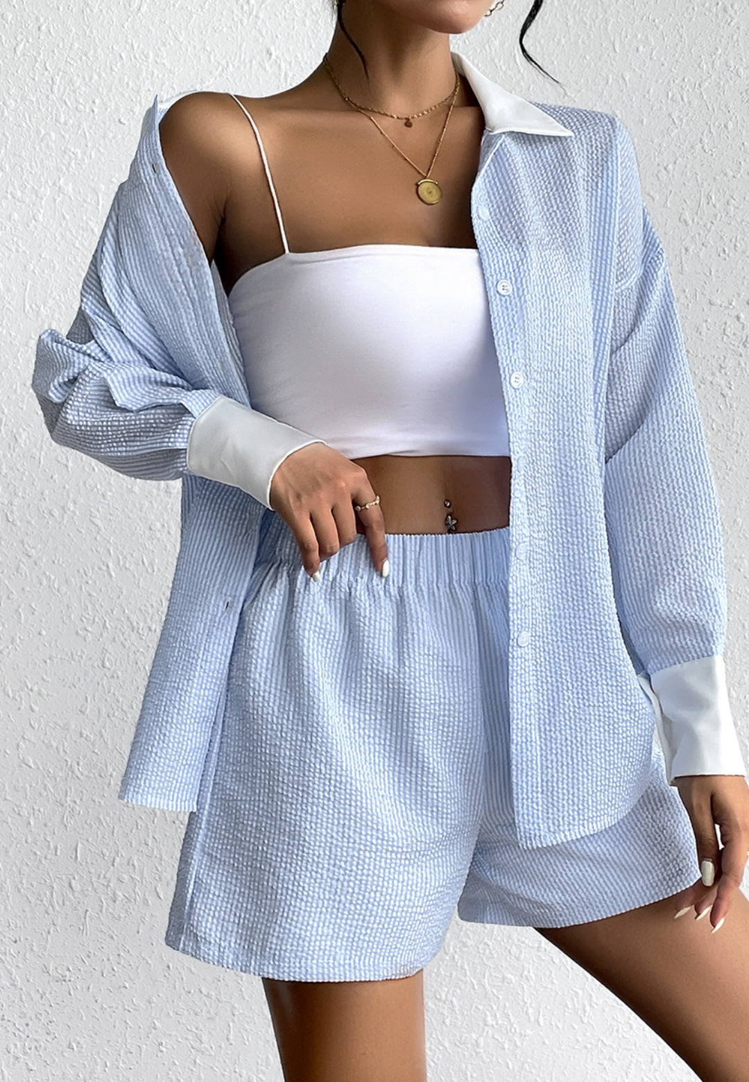 Two Tone Button Down Shirt Shorts Set