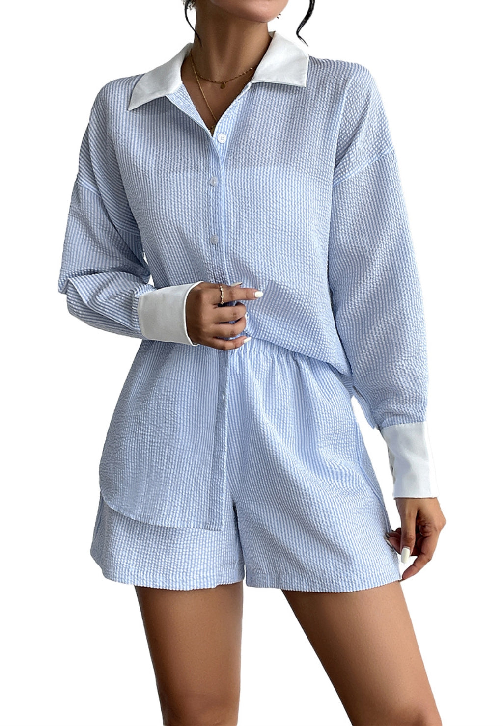 Two Tone Button Down Shirt Shorts Set