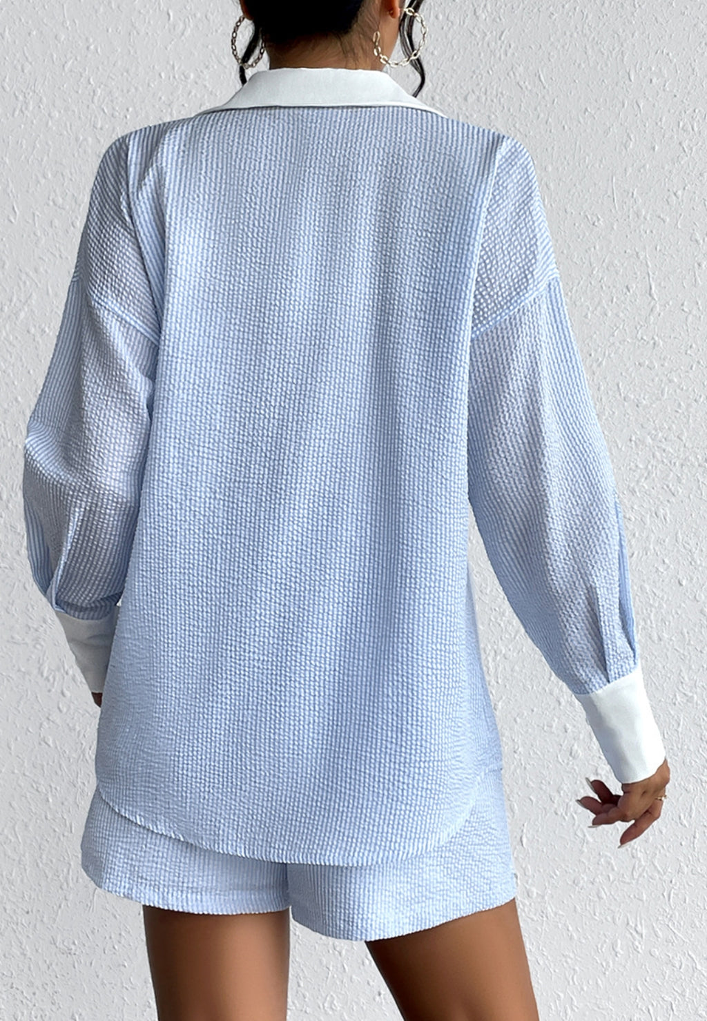 Two Tone Button Down Shirt Shorts Set