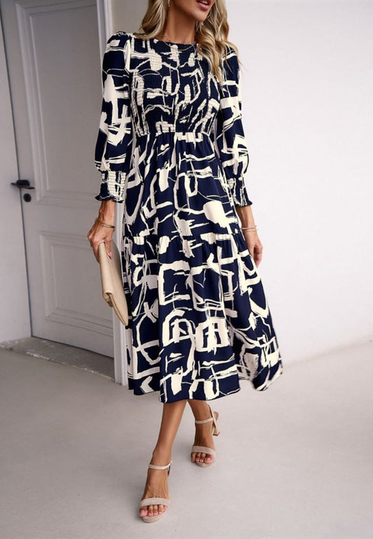 Abstract Printed Ruched Sleeves Dress