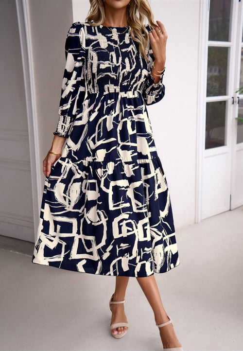 Abstract Printed Ruched Sleeves Dress