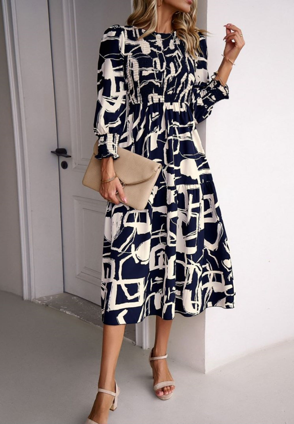 Abstract Printed Ruched Sleeves Dress