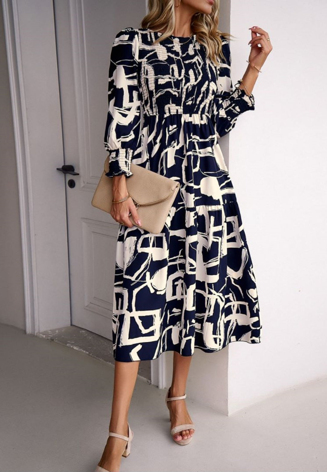 Abstract Printed Ruched Sleeves Dress
