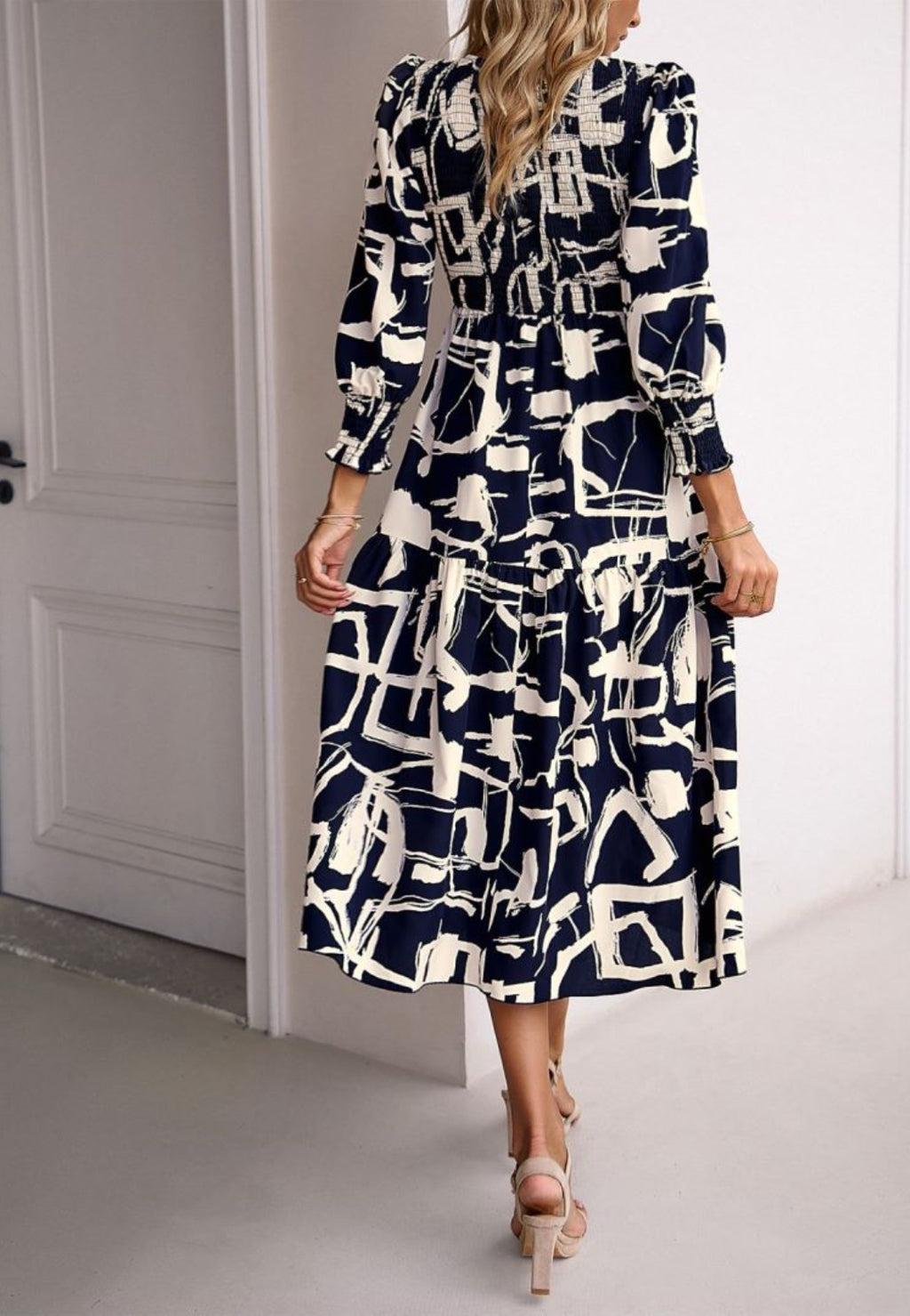 Abstract Printed Ruched Sleeves Dress