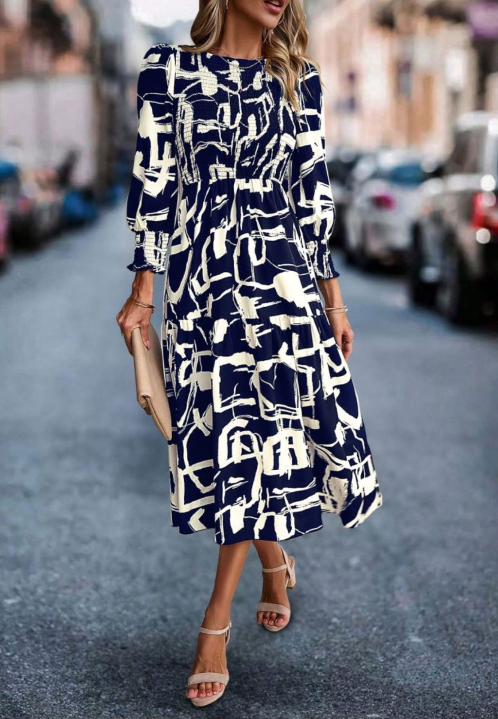 Abstract Printed Ruched Sleeves Dress