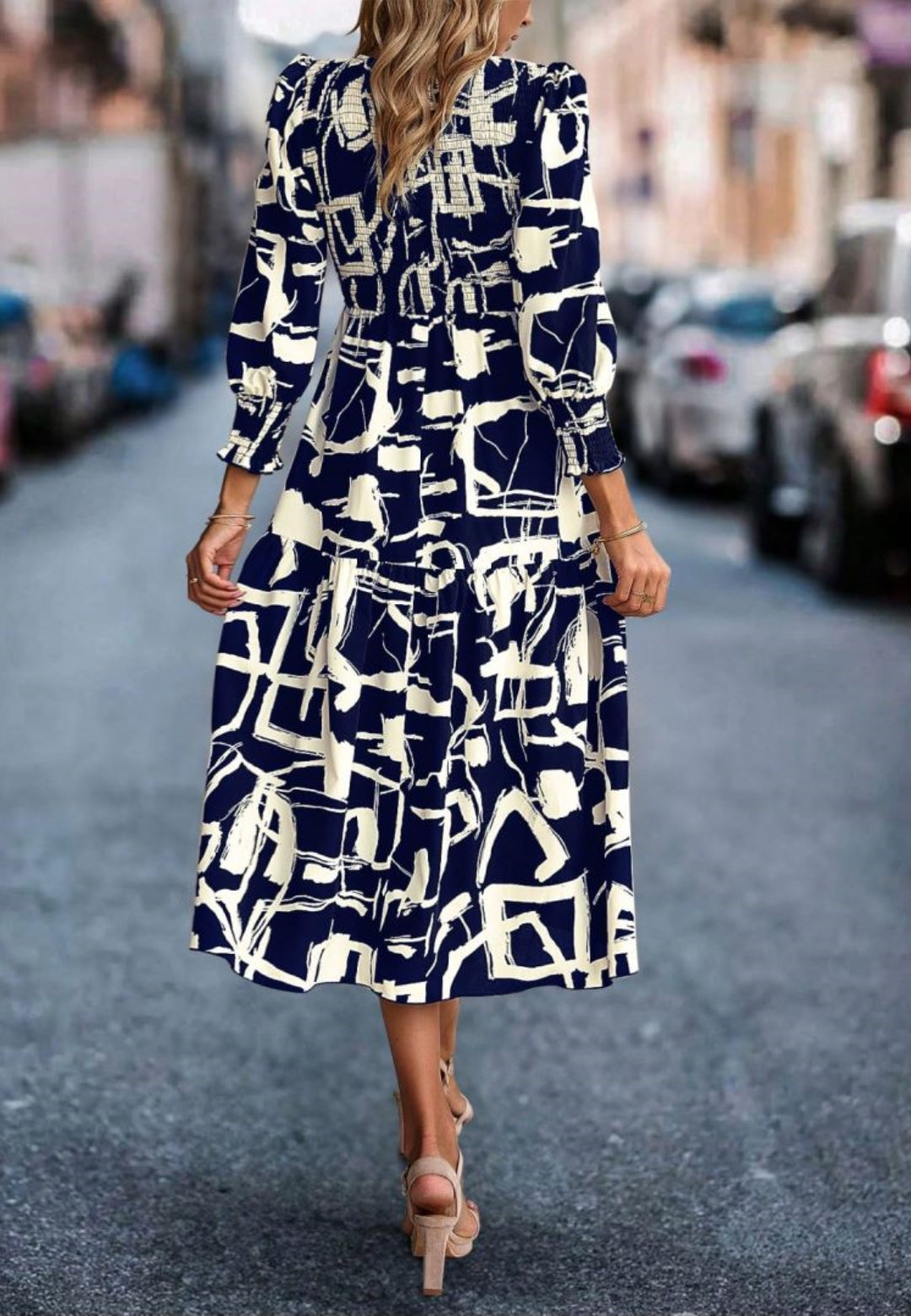 Abstract Printed Ruched Sleeves Dress
