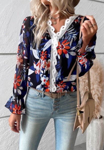 Laced V Neck Ruffles Long Sleeves Top