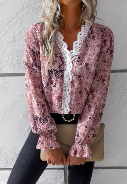 Laced V Neck Ruffles Long Sleeves Top