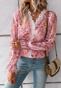 Blusa de manga larga con volantes y escote en V con encaje