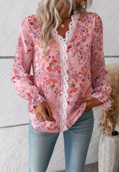 Laced V Neck Ruffles Long Sleeves Top