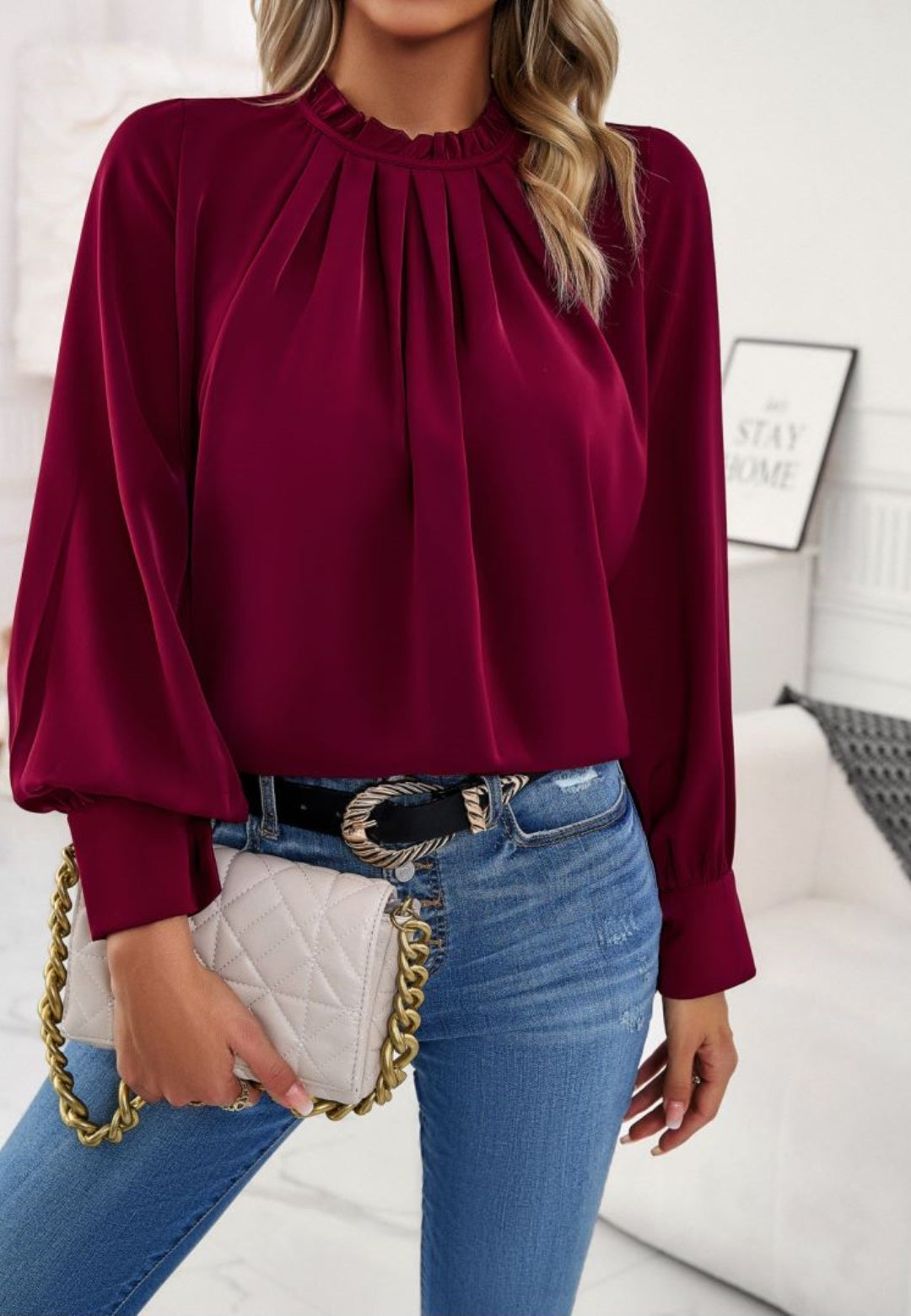 Solid Color Pleated Detail Ruffle Neck Long Sleeve Blouse for