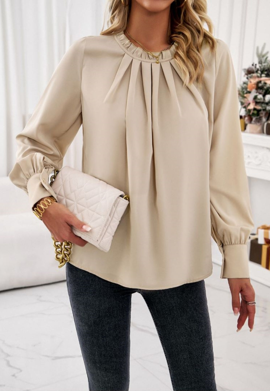 Pleated Detail Ruffle Neck Blouse