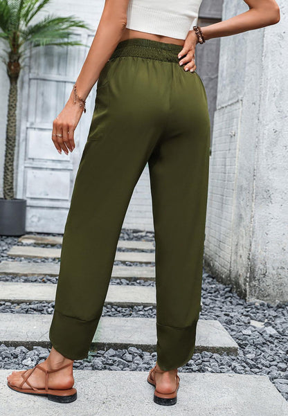 Smocked Waist Side Pocket Straight Leg Pant