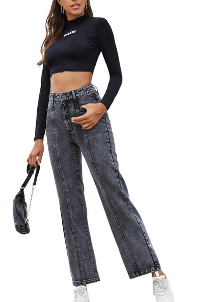 Acid Wash Front Seam Boot Cut High Waist Denim