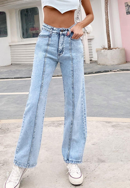 Acid Wash Front Seam Boot Cut High Waist Denim