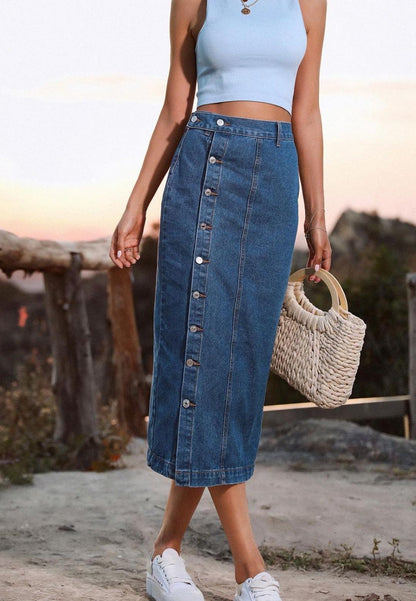 Side Button Detail Slit High Waist Midi Denim Skirt