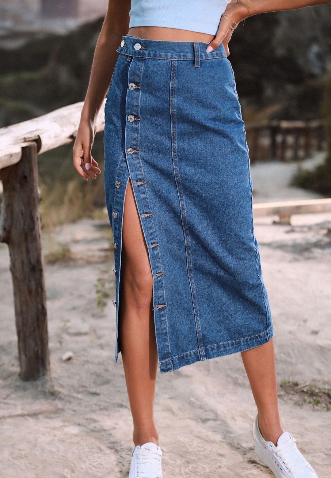 Side Button Detail Slit High Waist Midi Denim Skirt