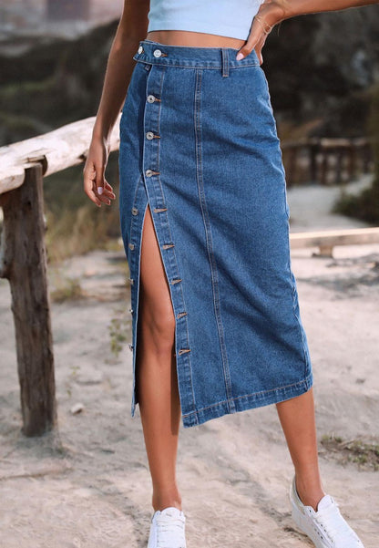 Side Button Detail Slit High Waist Midi Denim Skirt