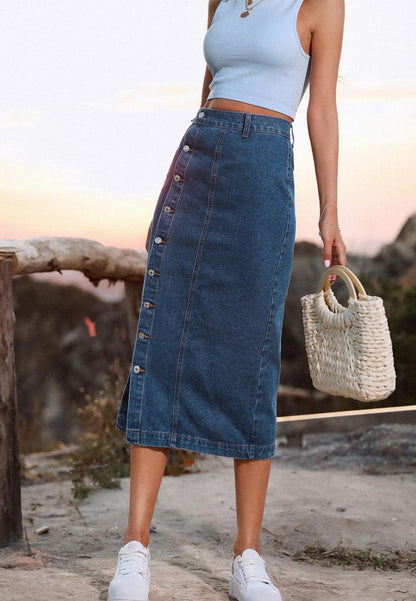 Side Button Detail Slit High Waist Midi Denim Skirt