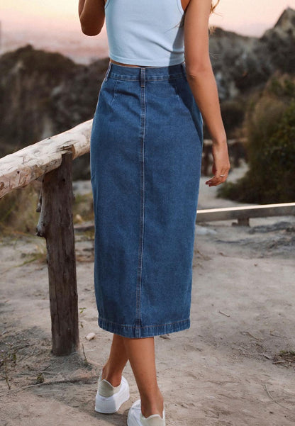 Side Button Detail Slit High Waist Midi Denim Skirt