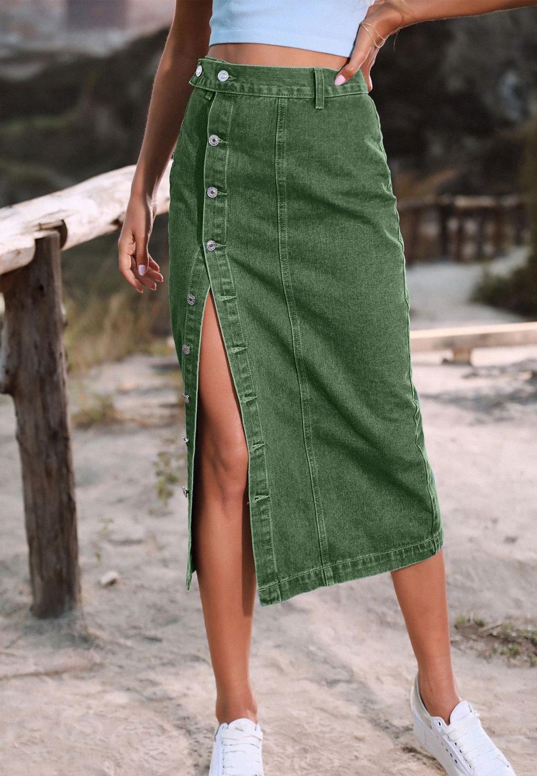 Side Button Detail Slit High Waist Midi Denim Skirt