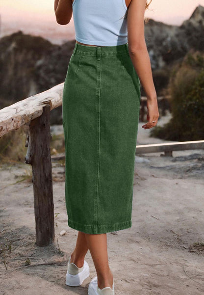 Side Button Detail Slit High Waist Midi Denim Skirt