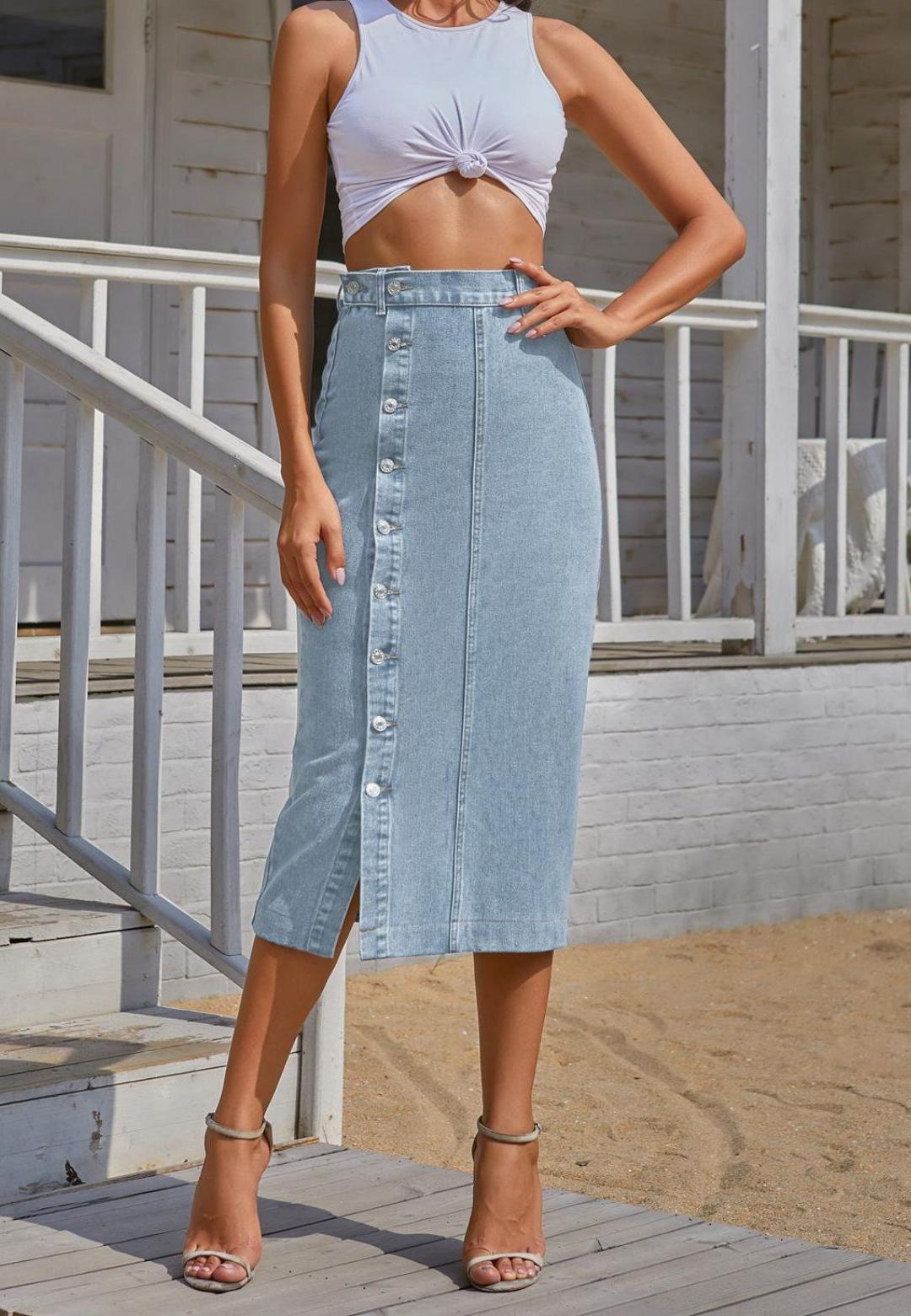 Side Button Detail Slit High Waist Midi Denim Skirt